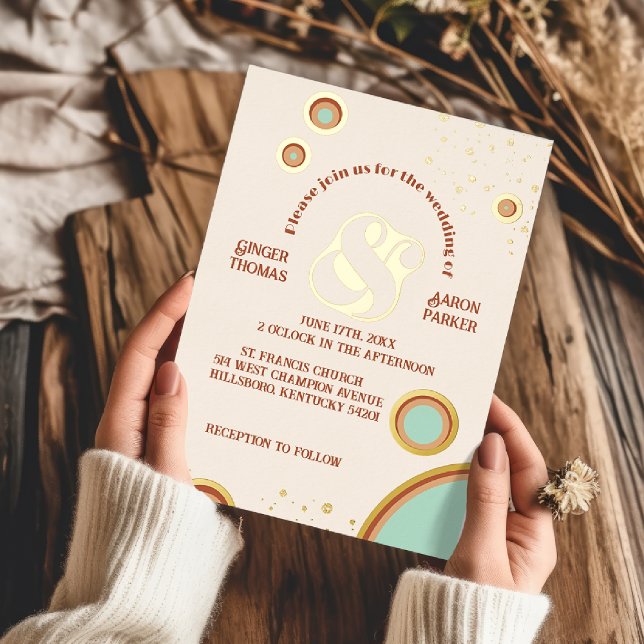 Groovy Circles Peach Ampersand Retro Wedding Gold Foil Invitation (Creator Uploaded)