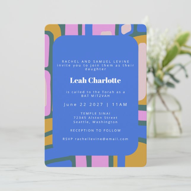 Groovy Colorful Abstract Blue and Pink Bat Mitzvah Invitation (Standing Front)