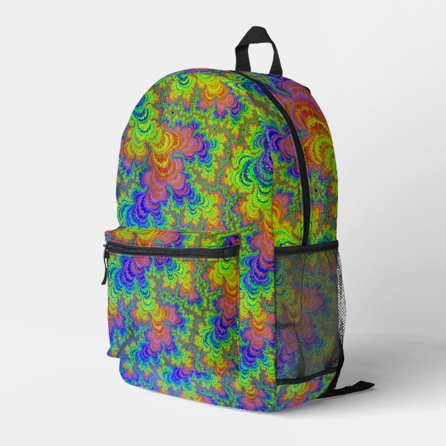 Groovy Colorful Boho Hippie Trippy Rainbow Fractal Printed Backpack (Back Corner Right)