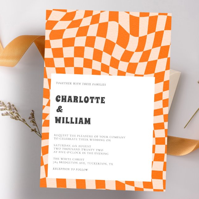 Groovy Colorful Checkered Unique Retro Wedding Invitation (Creator Uploaded)