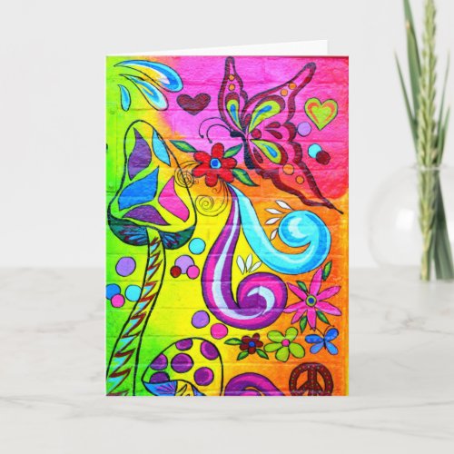 groovy colorful flower butterfly greeting card