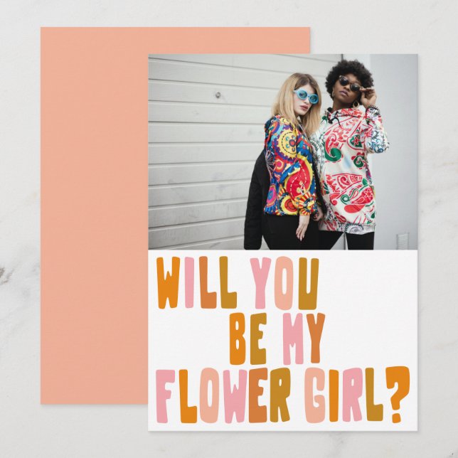 Groovy Colorful Flower Girl Photo Proposal Card (Front/Back)