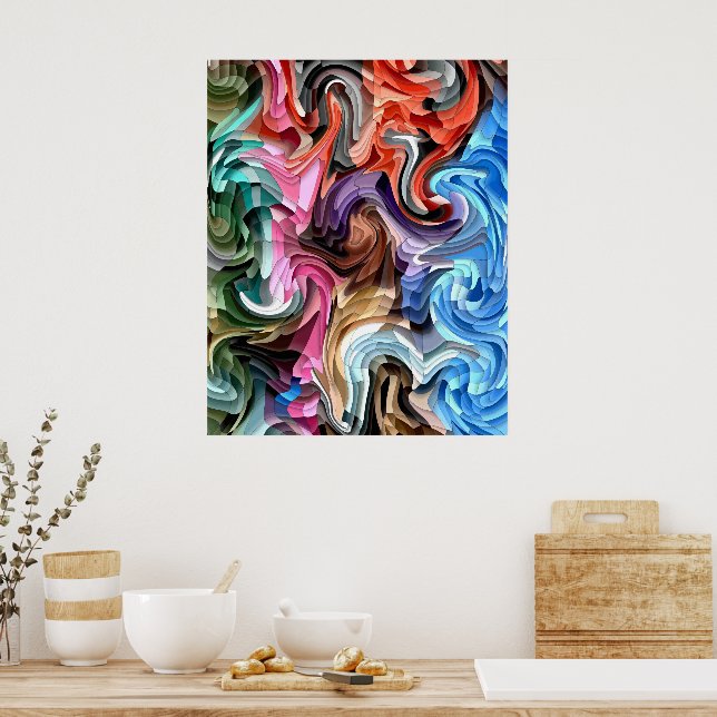 Groovy Colorful Fluid Patchwork Abstract Mosaic    Poster (Kitchen)