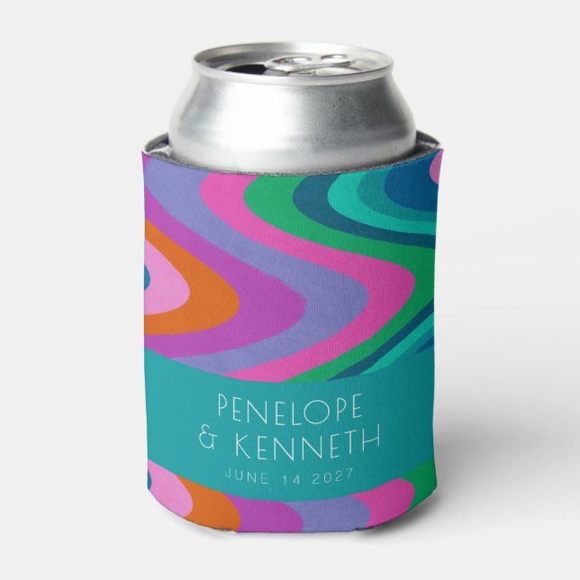 Groovy Colorful Green Purple Retro Wedding Custom  Can Cooler (Can Front)