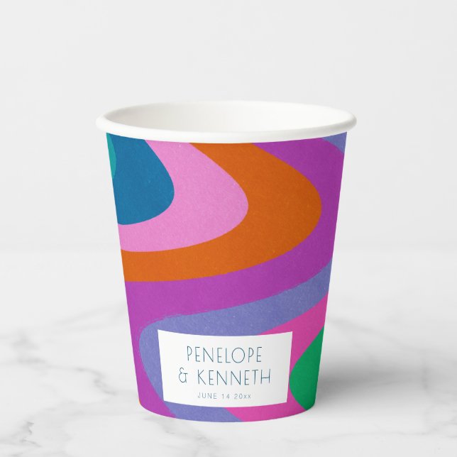 Groovy Colorful Green Purple Retro Wedding Custom Paper Cups (Front)