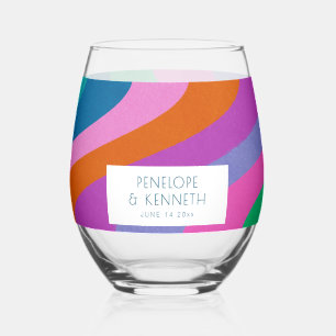 Groovy Colorful Green Purple Retro Wedding Custom Stemless Wine Glass