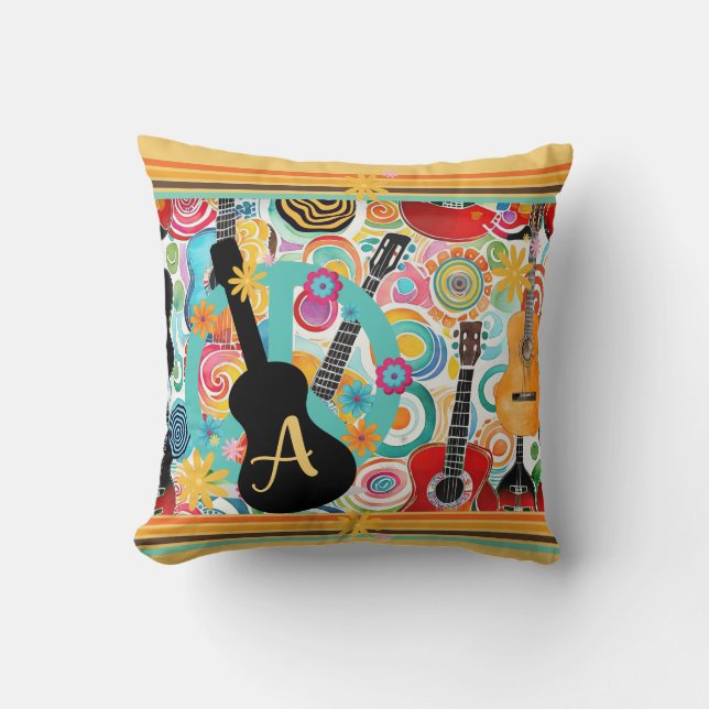 Groovy Colorful Guitars Throw Pillow (Front)