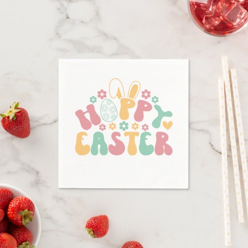 Groovy Colorful Happy Easter Retro Egg Typography Napkins