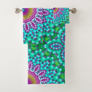 Groovy Colorful Jewel Tone Boho Fractal Mandala Bath Towel Set