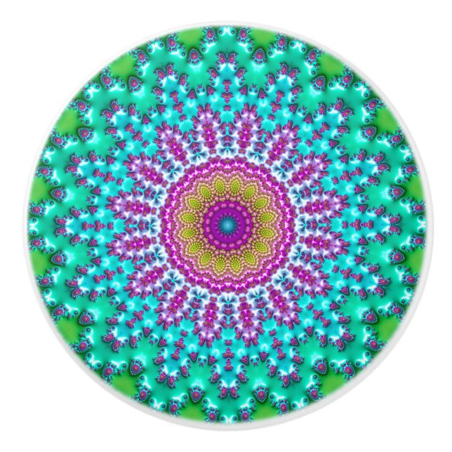 Groovy Colorful Jewel Tone Boho Fractal Mandala Ceramic Knob (Front)