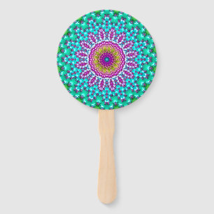 Groovy Colorful Jewel Tone Boho Fractal Mandala Hand Fan
