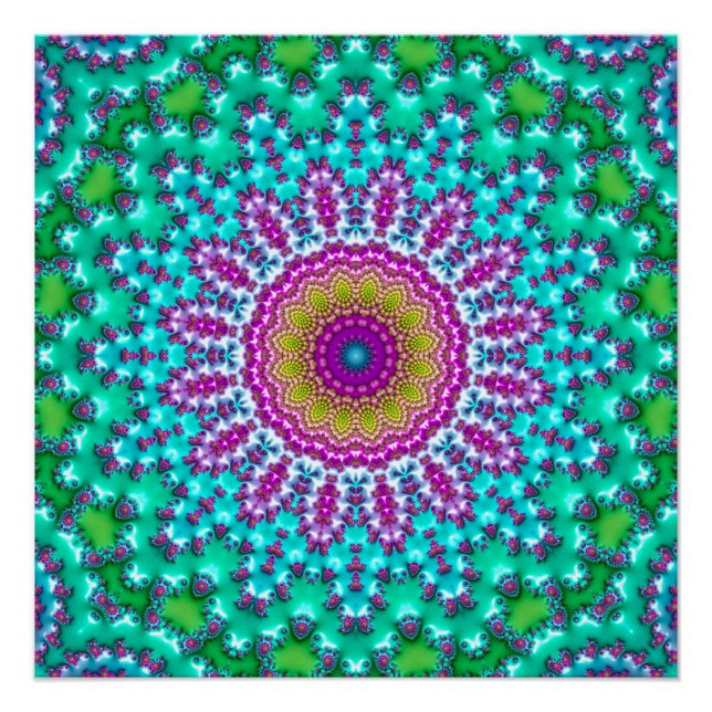 Groovy Colorful Jewel Tone Boho Fractal Mandala Poster (Front)
