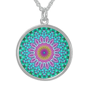 Groovy Colorful Jewel Tone Boho Fractal Mandala Sterling Silver Necklace