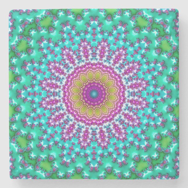 Groovy Colorful Jewel Tone Boho Fractal Mandala Stone Coaster (Front)
