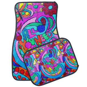 groovy colorful peace and love car floor mat