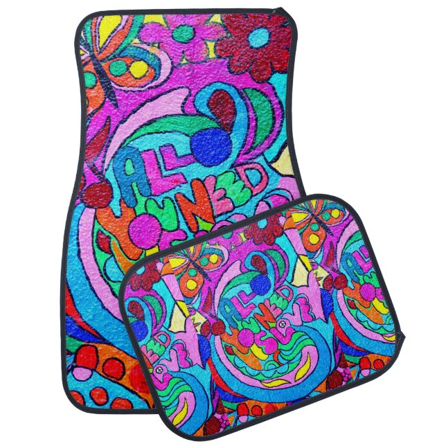 groovy colorful peace and love car floor mat (Set)