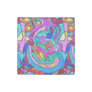 groovy colorful peace and love stone magnet