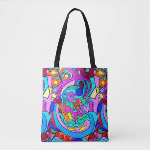 groovy colorful peace and love tote bag