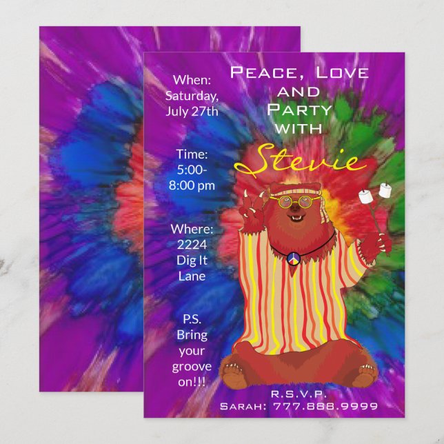 Groovy Colorful Peace Bear 1960"s Style Invitation (Front/Back)