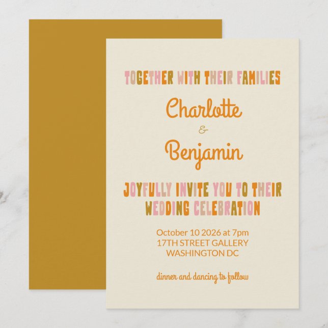 Groovy Colorful Pink and Mustard Lettering Wedding Invitation (Front/Back)