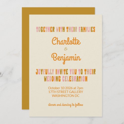 Groovy Colorful Pink and Mustard Lettering Wedding Invitation