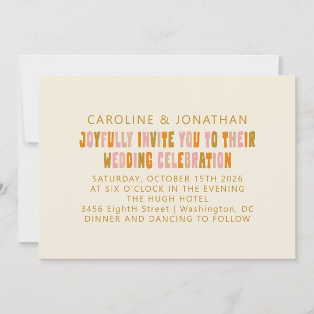 Groovy Colorful Pink and Orange Lettering Wedding Invitation (Front)
