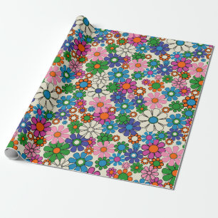 Groovy Colorful Retro 60s 70s Floral Pattern Wrapping Paper