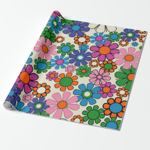 Groovy Colorful Retro 60s 70s Floral Pattern Wrapping Paper