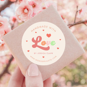 Groovy Colorful Retro Handmade with Love Heart Classic Round Sticker