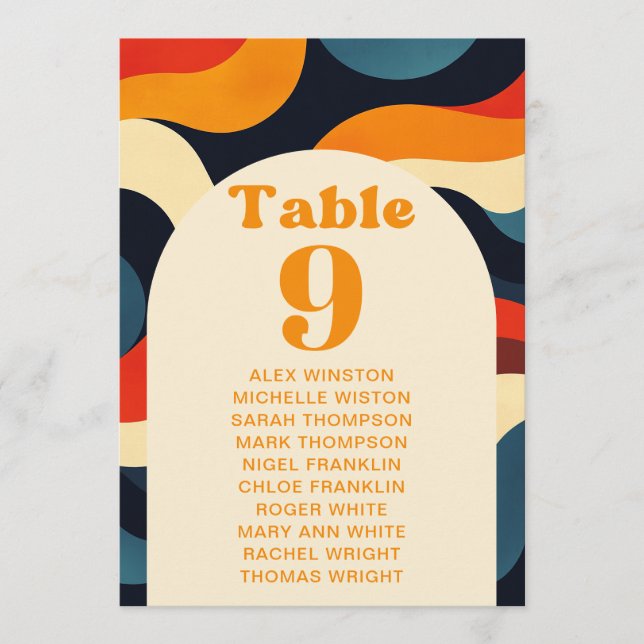 Groovy Colorful Retro Table Number Seating Chart (Front)