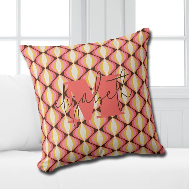 Groovy Colorful Retro Throw Pillow (Personalized or leave customization blank to remove monogram.)