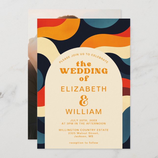 Groovy Colorful Retro Wavy Boho Wedding Photo Invitation (Front/Back)