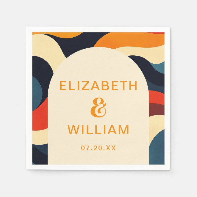 Groovy Colorful Retro Wavy Boho Wedding Photo Napkins (Front)