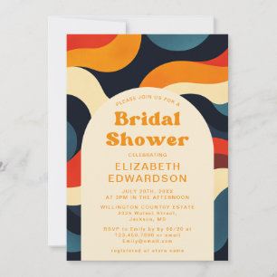 Groovy Colorful Retro Wavy QR Code Bridal Shower Invitation