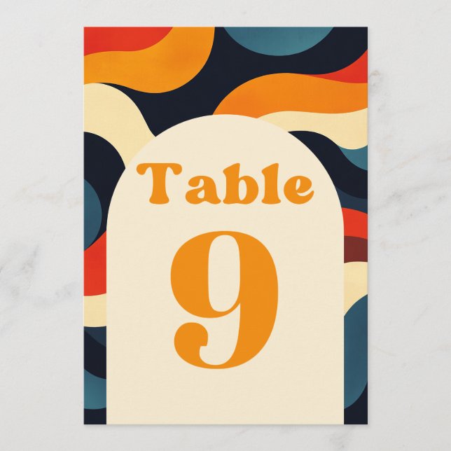Groovy Colorful Retro Wavy Wedding Table Number (Front)