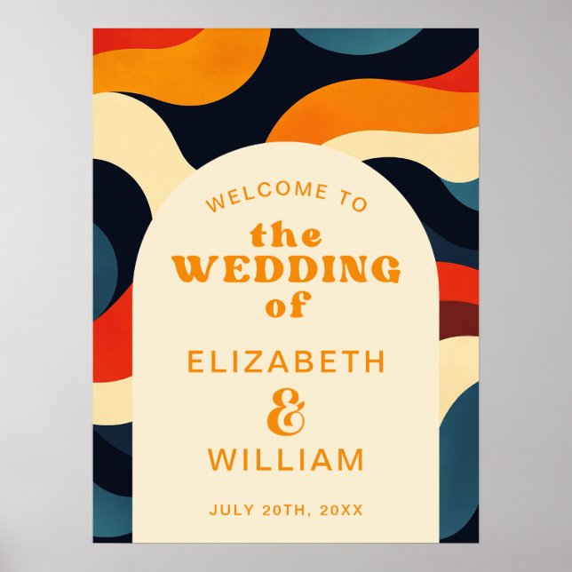 Groovy Colorful Retro Wavy Wedding Welcome Sign (Front)