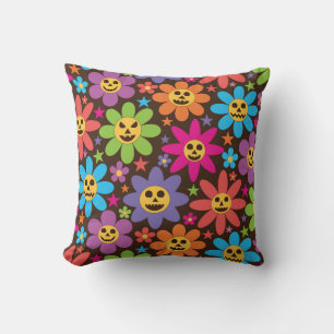 Groovy Colorful Spooky Flowers Halloween  Throw Pillow