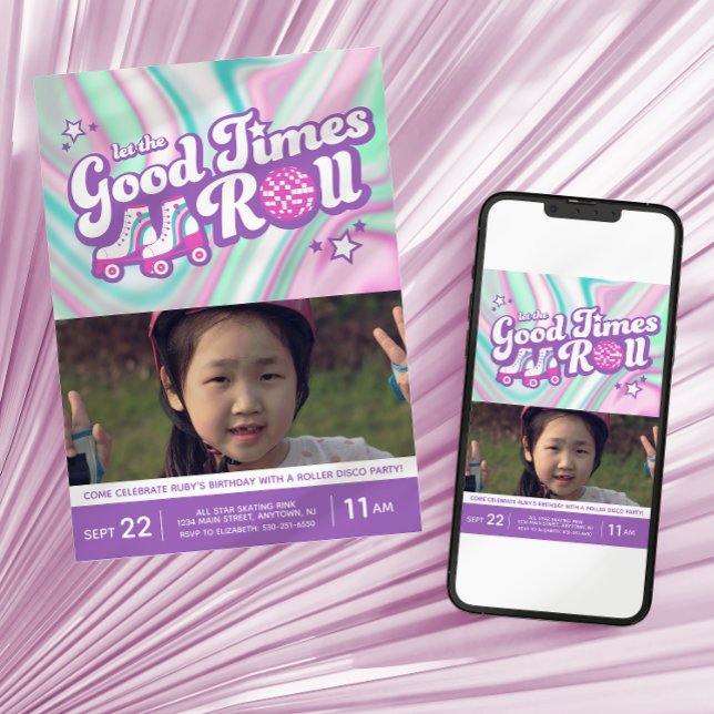 Groovy Colorful Swirls Roller Disco Party Photo Invitation (Creator Uploaded)