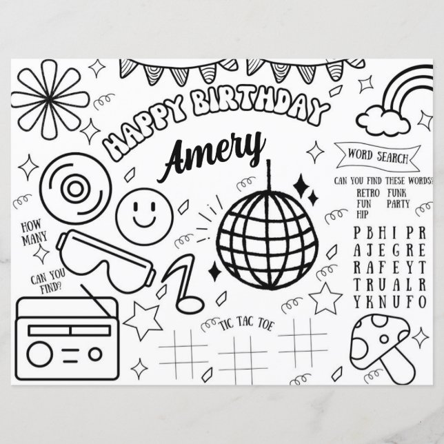 Groovy Coloring Pages Retro Birthday Party  (Front)