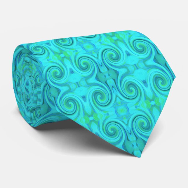 Groovy Cool Abstract Aqua Liquid Art Swirl Pattern Neck Tie (Rolled)