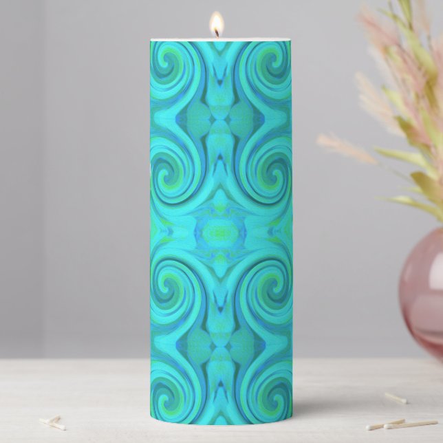 Groovy Cool Abstract Aqua Liquid Art Swirl Pattern Pillar Candle (In Situ)