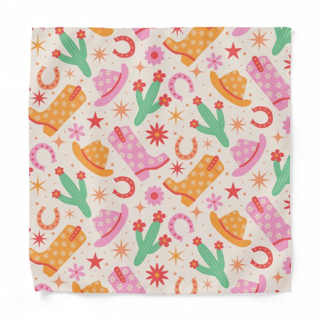 Groovy Cowgirl Boots and Hats Pattern with Cactus  Bandana (Front)