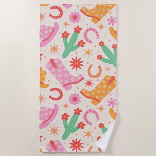 Groovy Cowgirl Boots and Hats Pattern with Cactus  Beach Towel