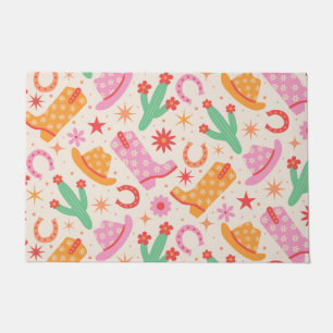 Groovy Cowgirl Boots and Hats Pattern with Cactus Doormat
