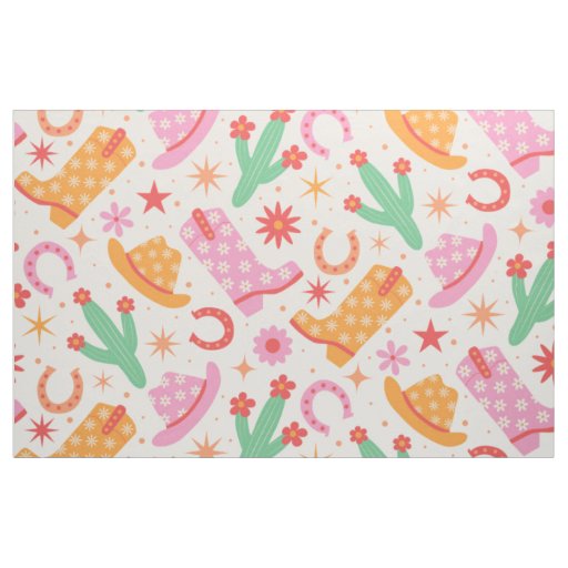 Groovy Cowgirl Boots and Hats Pattern with Cactus  Fabric