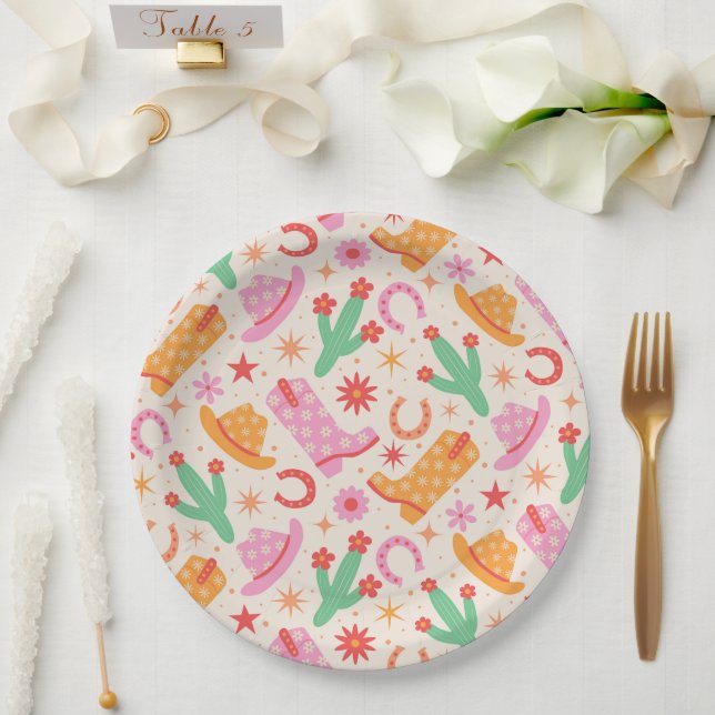 Groovy Cowgirl Boots and Hats Pattern with Cactus  Paper Plates (Wedding)