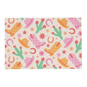 Groovy Cowgirl Boots and Hats Pattern with Cactus Placemat