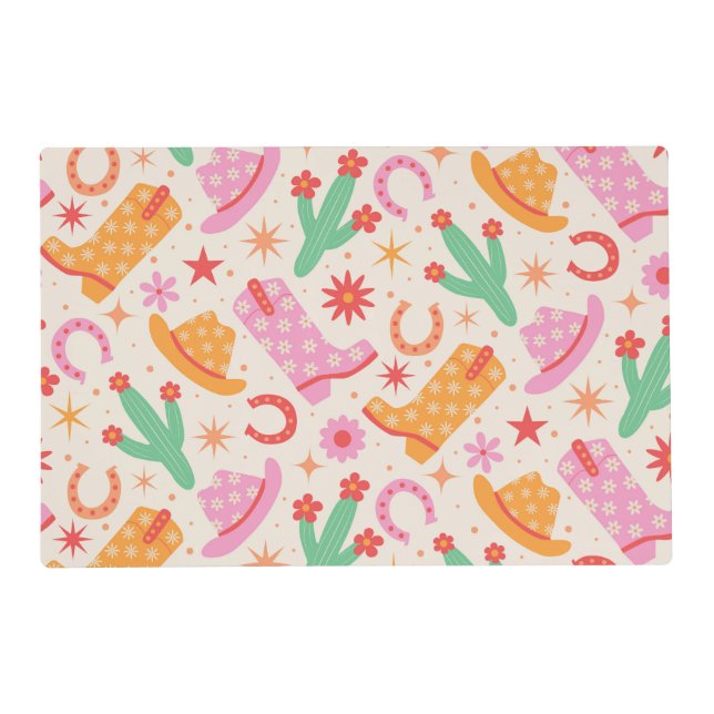 Groovy Cowgirl Boots and Hats Pattern with Cactus  Placemat (Front)