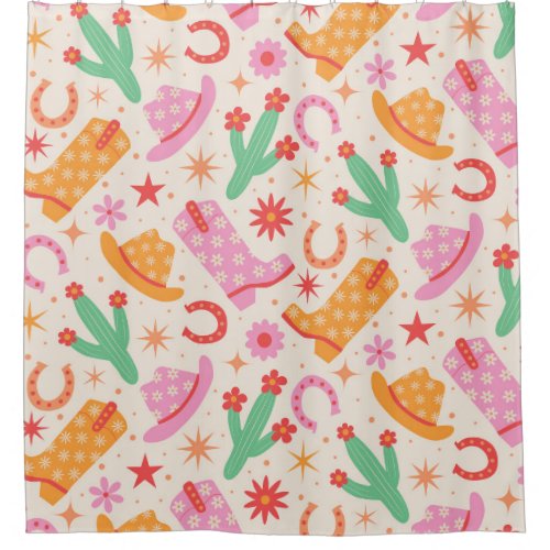 Groovy Cowgirl Boots and Hats Pattern with Cactus  Shower Curtain