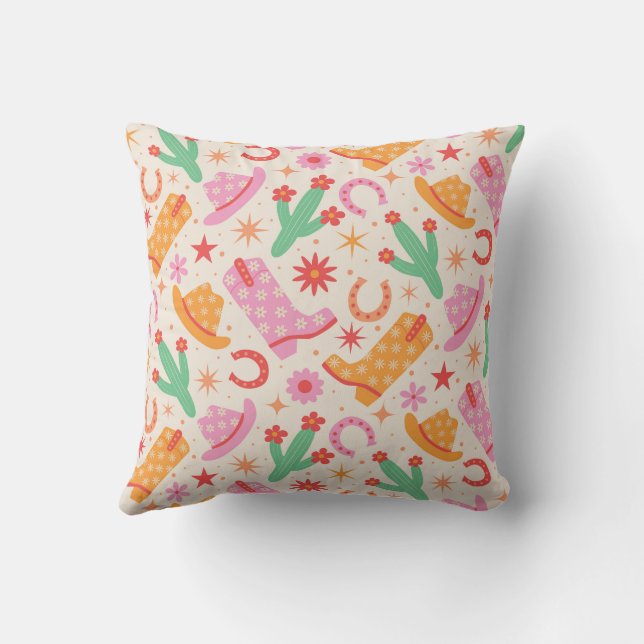 Groovy Cowgirl Boots and Hats Pattern with Cactus  Throw Pillow (Back)